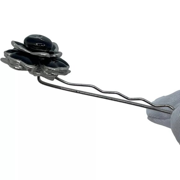 Auth CHANEL Camellia Hairpin Hair Accessory 03C Black Sterling Silver main image 8